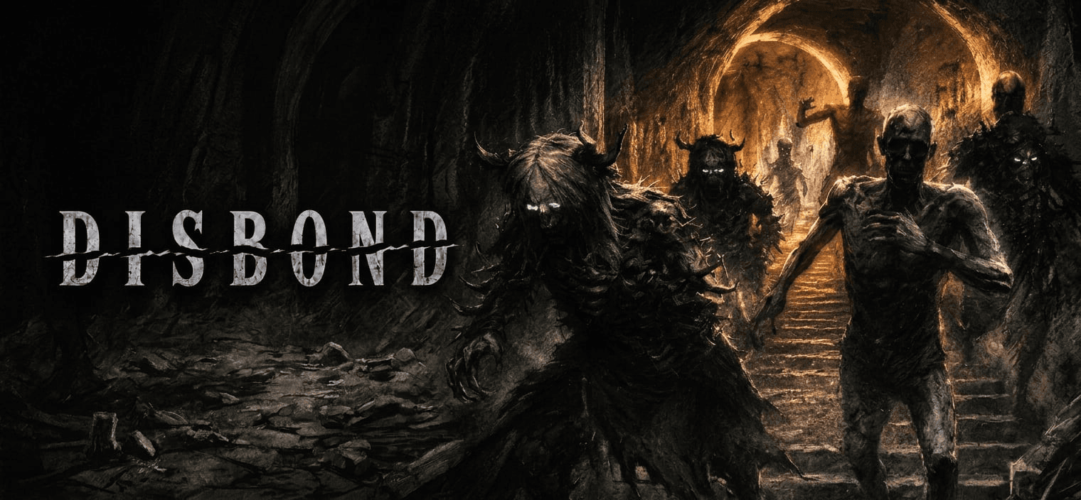 Disbond artwork with the game’s logo beside a horde of creatures in a dark, firelit passage
